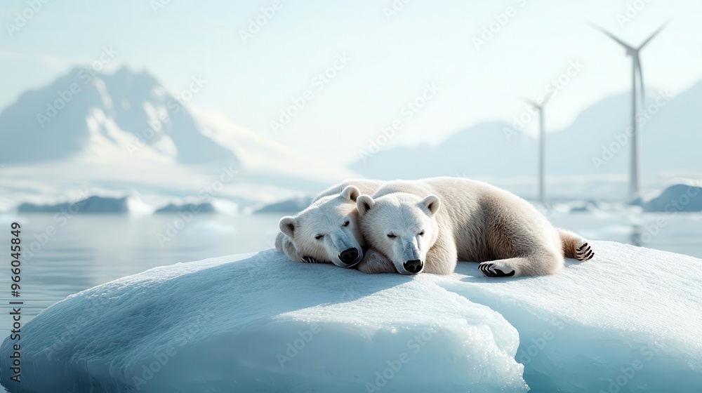 Wall mural polar bears resting on a melting glacier, wind turbines in the distance, environmental awareness