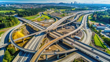 Aerial view of a newly built highway interchange under construction, with layers of asphalt, concrete, and steel beams forming a complex network of roads and ramps.