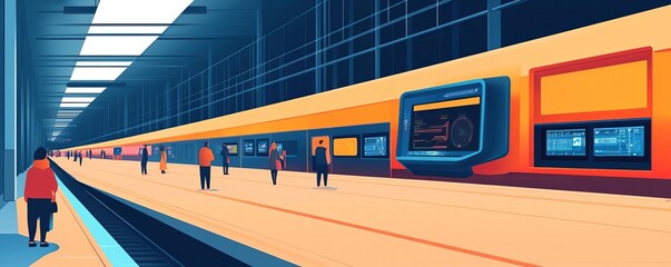 Fototapeta premium Autonomous train network, digital control center, passengers waiting, bright station