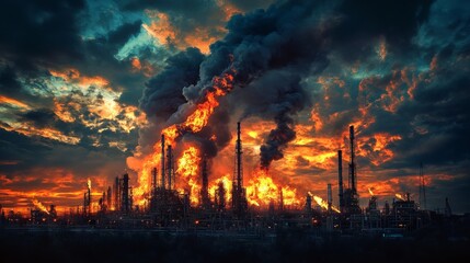Obraz premium Oil Plant on Fire with Smoke and Flames Against Dark Cloudy Dusk Sky. AI generated illustration