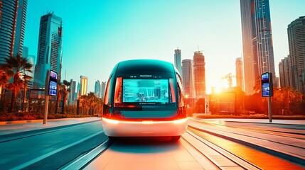 Autonomous shuttle bus, digital signage, modern cityscape, morning light, blue sky