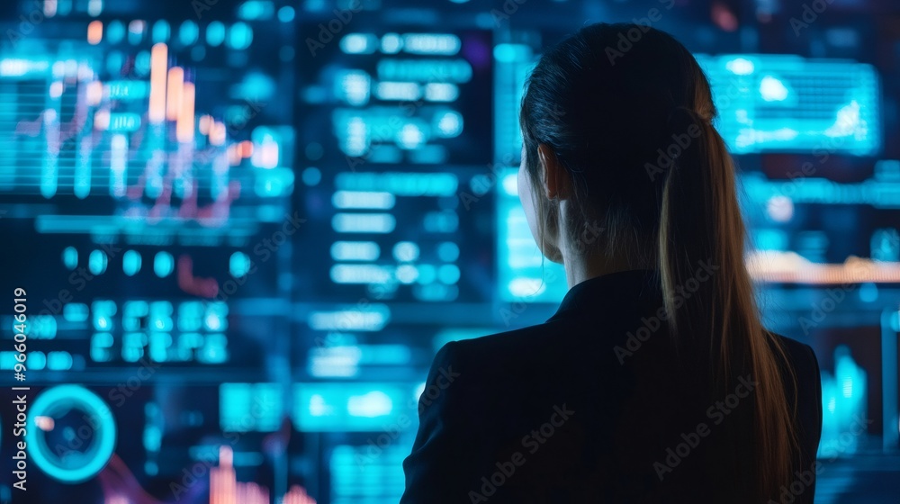 Poster a woman stands in front of a large screen displaying data and charts. the screen is filled with glow