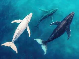 Fototapeta premium Offshore wind turbines near a whale migration path, ocean wildlife thriving, eco-friendly energy