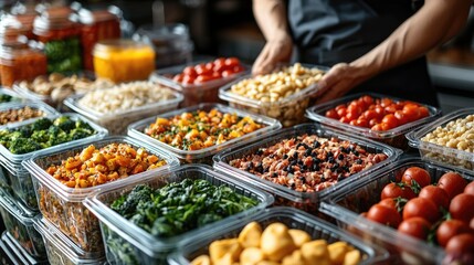 Busy professional unpacking healthy meal prep deliveries for easy cooking at home