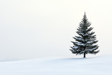 Solitary Evergreen Tree in a Snowy Landscape