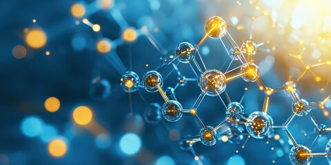 Fototapeta premium Abstract molecular structure with glowing particles on a blue background, ideal for science and technology visuals.