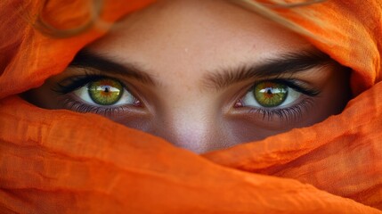 Naklejka premium Closeup of the emerald eyes of a girl with her face wrapped in an orange scarf generative ai