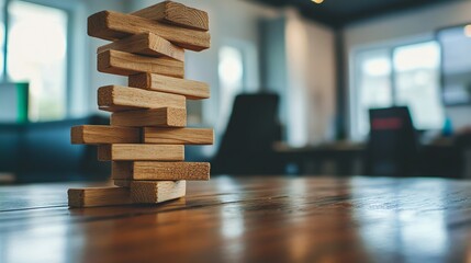 Wooden Jenga Blocks on Office Table with Copy Space Banner Mockup Background. AI generated illustration