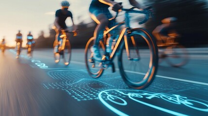 Fototapeta premium Digital bike path mapping, augmented reality display, cyclists, soft morning light