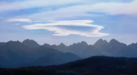  landscape mountain peaks with clouds. Rzepiska. Poland