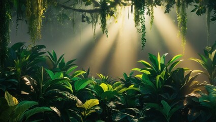 Obraz premium Develop a lush background featuring a dense canopy of leaves, with varying shades of green and sunlight filtering through. Generative AI