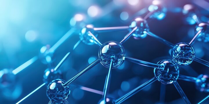 Close-up of molecular structure with glowing atoms and interconnecting bonds, showcasing the beauty of science and technology.
