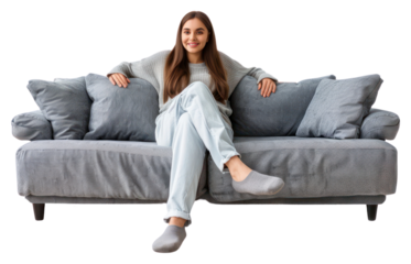 PNG Relaxed woman on grey sofa