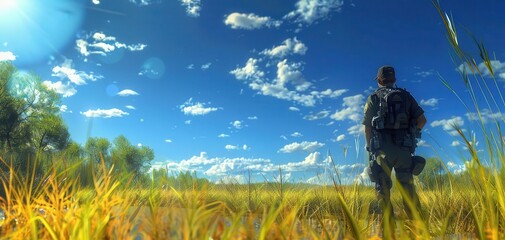 Fototapeta premium A lone hiker with a backpack stands in a vast, sunny meadow under a bright blue sky with scattered clouds in the daytime.