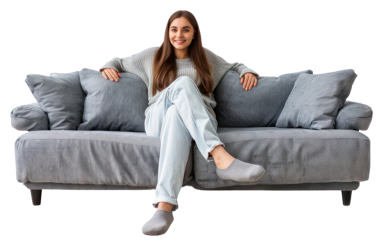 PNG Relaxed woman on grey sofa