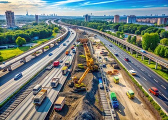 Fototapeta premium Aerial view of heavy machinery and workers constructing a new highway, with lanes and roads converging in a complex network, amidst a bustling urban landscape.