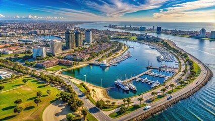 Fototapeta premium Aerial view of Long Beach, California, showcasing its coastline, harbor, and surrounding landscape, with roads, buildings, and parks visible on a clear sunny day.