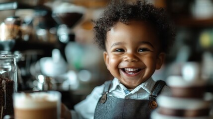 A joyful child is laughing freely in a cafe setting. Around the child, there are various coffee items, creating a warm and playful coffee shop atmosphere.