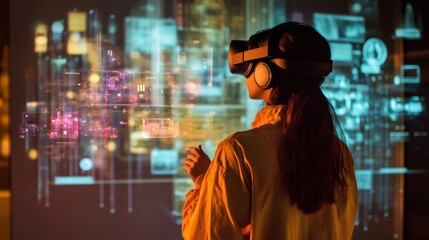 Fototapeta premium A woman wearing VR headset looks at a futuristic display with glowing abstract patterns.