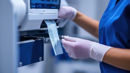 A close-up shot of a mammography machine being prepared for use by a skilled medical technician the scene emphasizing the precision and care involved in breast cancer screening
