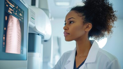 A healthcare professional carefully examines a digital mammography scan in a high-tech clinic her focused expression highlighting the importance of attention to detail in early breast cancer detection