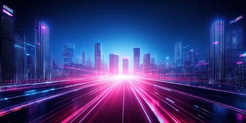 Fototapeta premium Futuristic cityscape illuminated by vibrant neon lights, showcasing a dynamic blend of technology and urban aesthetics.