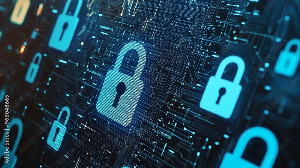 Poster security concept on the internet. encryption with a padlock icon on the virtual interface.