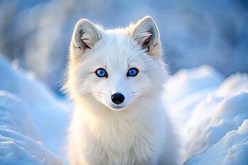 An Adorable Arctic Fox With Fluffy White Fur, Big Blue Eyes, And A Pink Nose Stands Amidst A Snowy Backdrop, Exuding Charm And Playful Innocence.