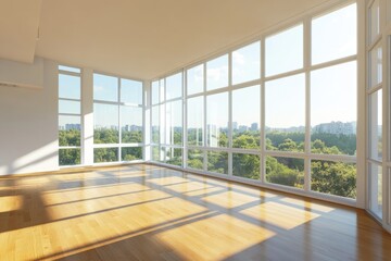 Fototapeta premium Modern Interior with Large Windows, White Walls, and Wood Flooring