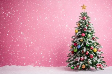 Obraz premium Decorated Christmas Tree with Snow on Pink Background
