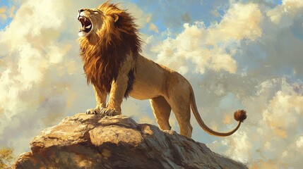 fierce lion standing on a rock roaring in the wild portraying the powerful king of the jungle in a wildlife scene
