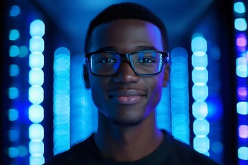 A professional IT professional works in a data center lit in futuristic colors. Stock photo