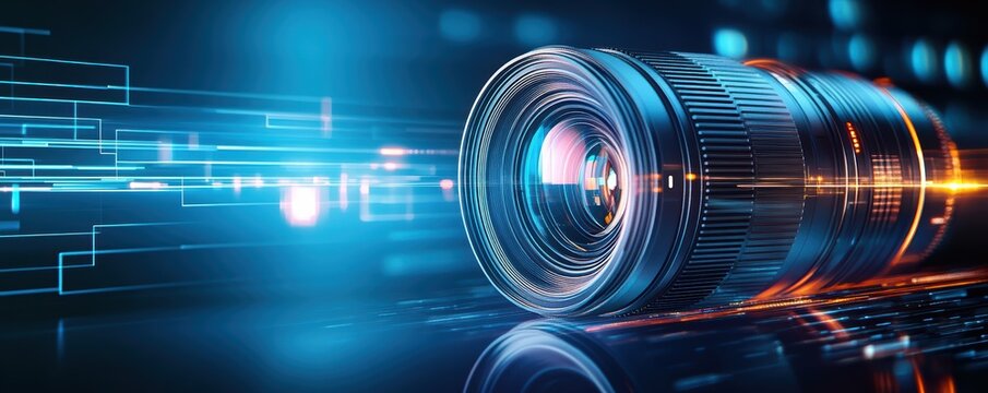 High-quality camera lens with light effects, showcasing phototechnology for photographers and videographers.