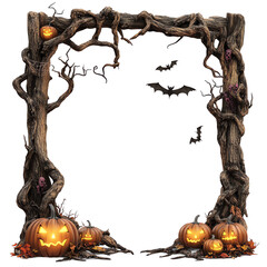 A spooky Halloween frame with carved pumpkins, bats, and eerie vines, perfect for festive decorations and invitations.