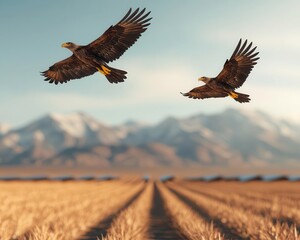 Obraz premium Eagles soaring above a solar farm in the desert, wildlife coexisting with renewable technology