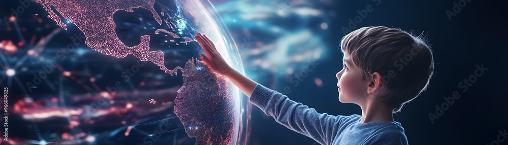Aufkleber teacher guiding students to solve global challenges using interactive holographic data visualization