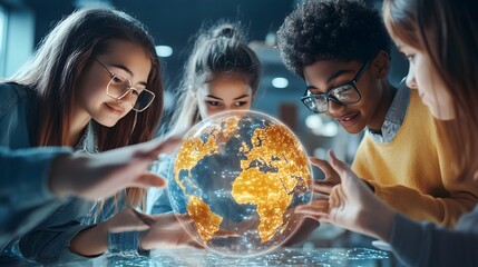 Diverse Students and Teacher Brainstorming Around Holographic Globe Symbolizing Global in Learning