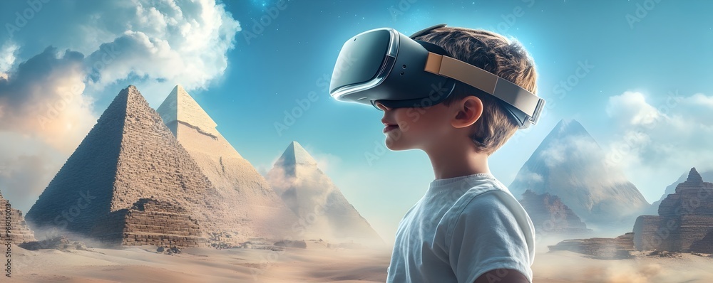 Poster teacher using augmented reality to educate students on ancient civilizations with holographic temple