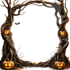 A spooky Halloween frame featuring twisted branches, glowing pumpkins, and cobwebs, perfect for creating festive decorations.