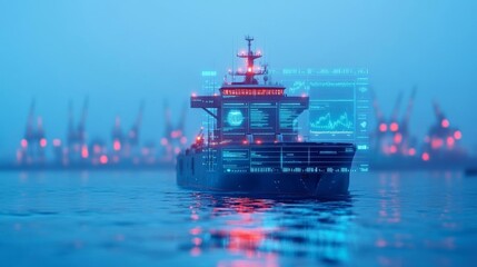 Digital marine tracking, AI-driven analytics, futuristic port, early morning mist