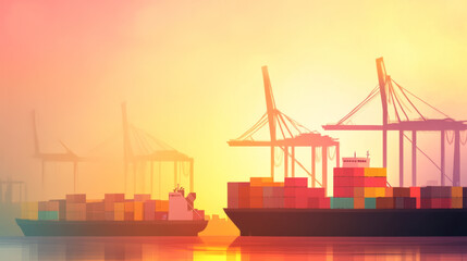 Fototapeta premium A vibrant watercolor style digital painting depicts busy industrial shipping activity with cargo ships and cranes silhouetted against colorful sunset. scene evokes sense of bustling trade and maritime