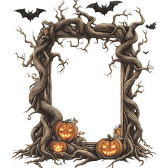A spooky Halloween frame featuring twisted branches, pumpkins, and bats, perfect for festive decorations and greetings.