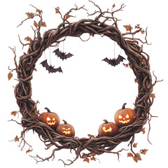 A spooky Halloween wreath adorned with glowing pumpkins, bats, and autumn leaves, perfect for festive decor.