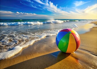 Obraz premium An Inflated Multicolored Beach Ball Rests On The Sandy Shore Next To A Rolling Wave.
