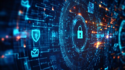 A glowing padlock icon in the center of a digital network with blue and orange lights, representing cybersecurity.