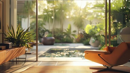 Fototapeta premium Sunlit modern living space with open patio doors leading to a lush garden and swimming pool, featuring cozy seating and natural decor.