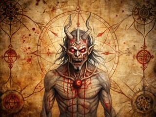 An Ominous Image Of A Demonic Figure Drawn On An Ancient Parchment With Bloodied Markings And Eerie Symbols.