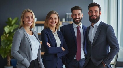 corporate executives and colleagues posing together in an office showcasing teamwork unity and professional success in the workplace