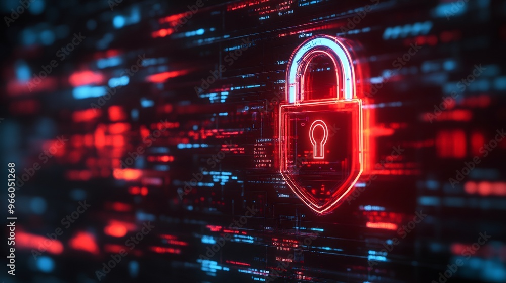 Poster a glowing red padlock icon on a screen with code in blue and red.
