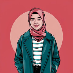 Illustration of a young female wearing a hijab and over coat